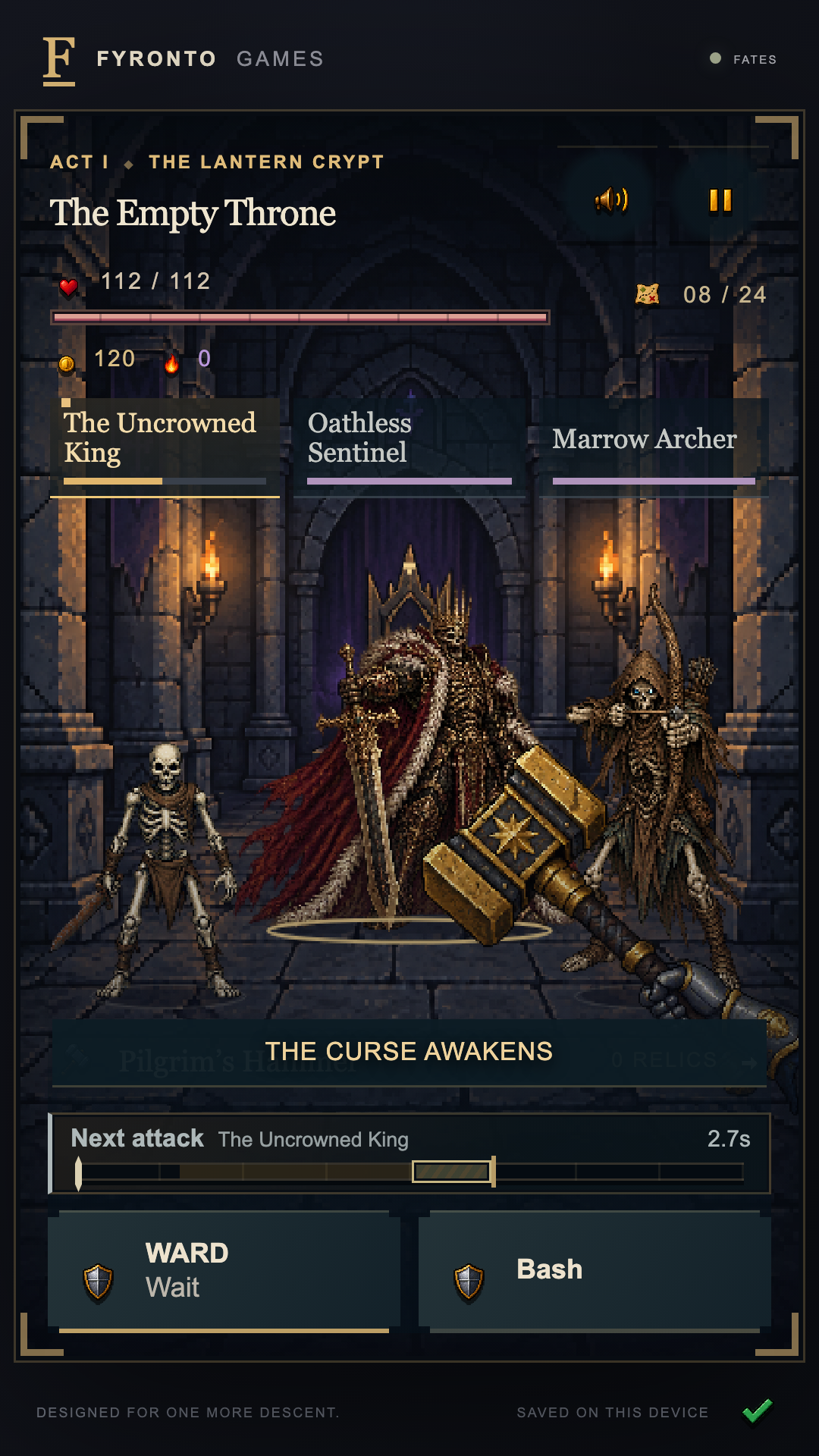Crown or Curse in portrait play: the Uncrowned King and two enemies face the player, with a timed Ward block control visible.